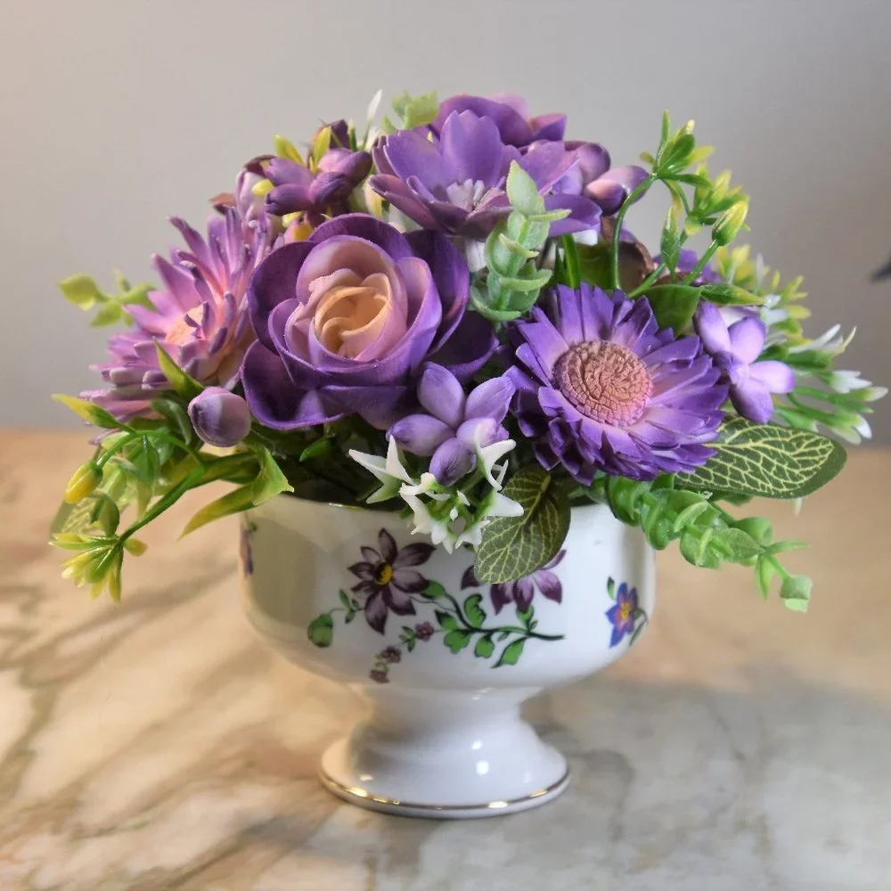 Pretty vintage pedestal sherbet bowl filled with hand painted Sola wood flowers